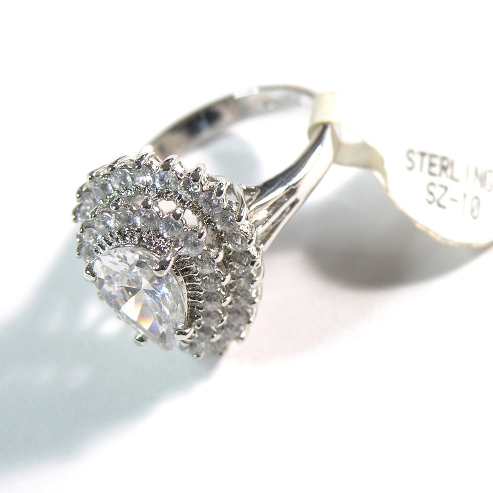 LINDENWOLD Vintage Cocktail Ring- 925 Sterling - Pear CZ w/ baguettes Size10 - Picture 6 of 12